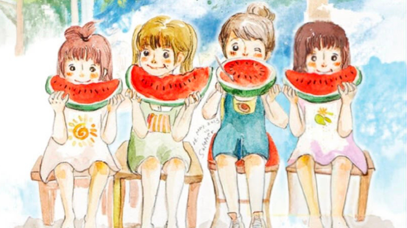 illustrazione raffigurante bambini che mangiamo una fetta di anguria